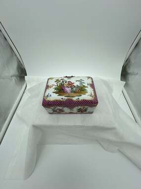 Dresden Porcelain Hand-Painted Courting Scene Trinket Box - Purple Scale Pattern
